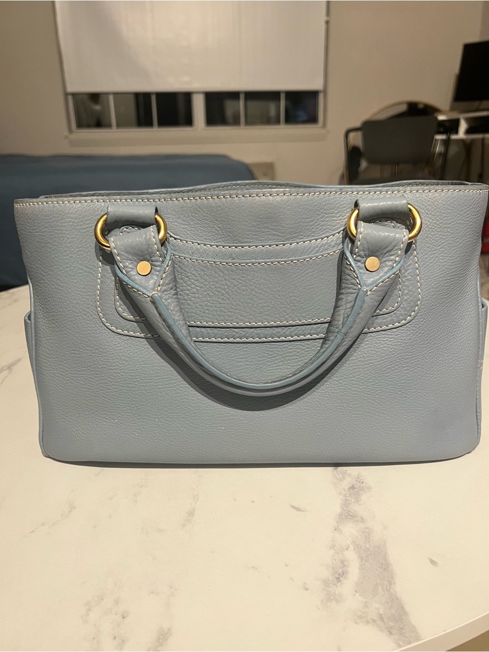 Celine Light Blue Leather Satchel with Gold Hardware
